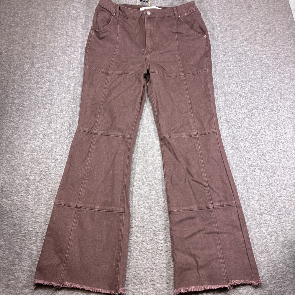 Tinseltown High Rise Flare Pants Womens 13 Brown Raw Hem Seamed Boho Idie